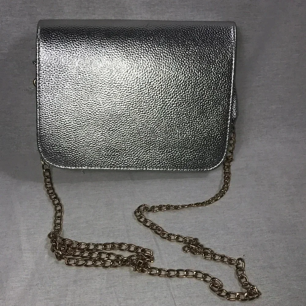 Metallic Silver bag with patches and gold chain